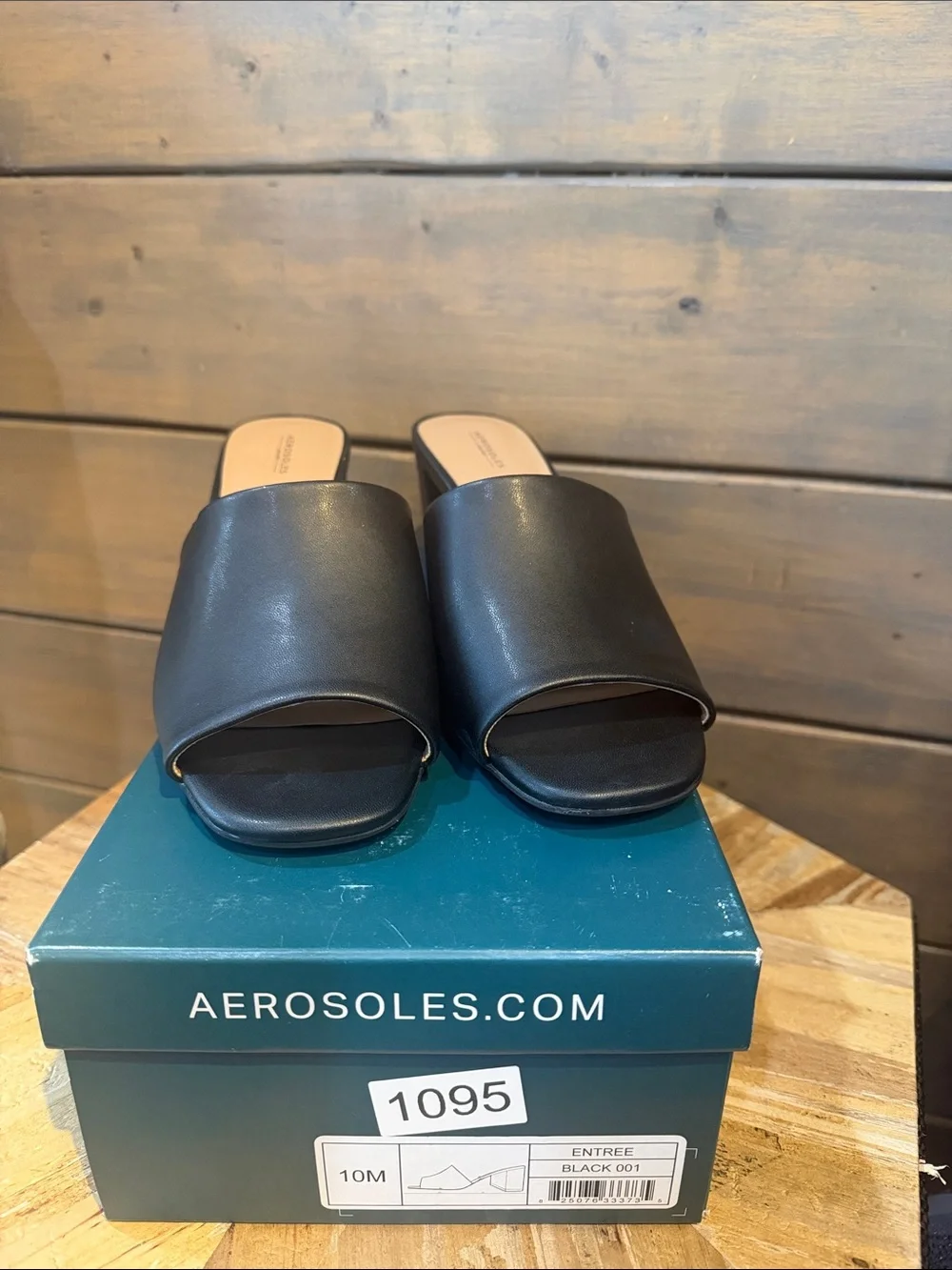 AEROSOLES Black Leather Open-Toe Block Heel Mules